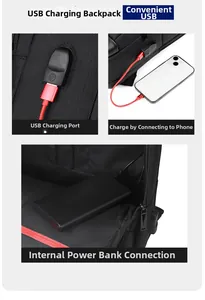 Detail of expandable business backpack featuring external USB port for mobile phone charging