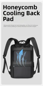 Close-up of honeycomb mesh breathable back panel and luggage strap on business backpack