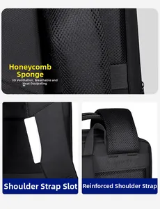 Detail of breathable honeycomb mesh shoulder straps and hidden card slot on business backpack