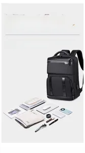 Internal view of business backpack showing massive storage capacity for laptop and travel items