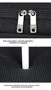 Detail of smooth two-way metal zippers and breathable mesh padding on a travel backpack