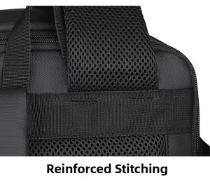 Close-up of reinforced stitching on black business backpack for enhanced durability