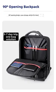 Detail of 90-degree opening business backpack with red trim internal organizer pockets