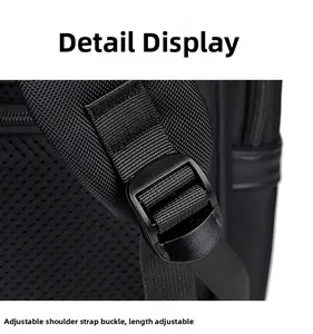 Close-up of adjustable buckle and durable nylon strap on black commuter backpack