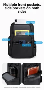 Detail view of large capacity business backpack with organized pockets for iPad and A4 files