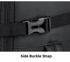 Macro view of adjustable plastic side buckle on black high-density nylon travel backpack