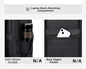 Detail of laptop compartment, side water bottle pocket and anti-theft back pocket on backpack