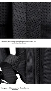 Detail of wide breathable mesh shoulder straps and reinforced stitching on black backpack