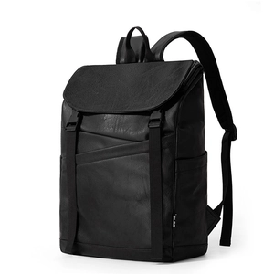 Retro black leather business laptop backpack with large capacity and buckle closure