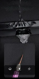 Detail showing waterproof test on fabric and scratch resistance of this travel backpack