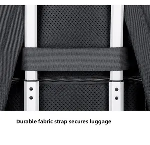 Detail of breathable mesh back with luggage strap on durable black commuter backpack