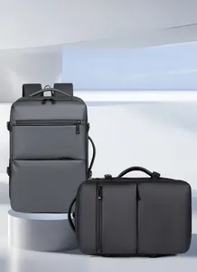 Detailed view of water-resistant business backpack showing side handle and back zipper