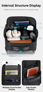 Detail of large capacity business backpack showing multi-layer laptop compartment storage