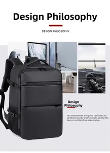 Detail view of large capacity black business backpack with multi-layer zipper compartments