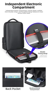 Detail view of large business laptop backpack with specialized compartments and padding