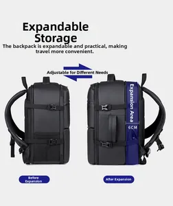 Detail of expandable black travel backpack showing 6cm width increase for extra storage