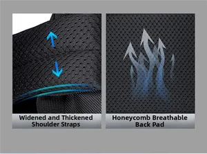 Detail of widened thick shoulder straps and breathable honeycomb mesh back padding