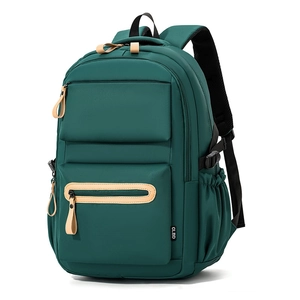 Large capacity dark green nylon backpack for students with multiple pockets and zippers