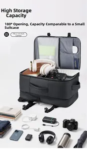 Macro view of 180 degree opening business backpack with 14 inch laptop compartment