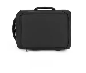 Detail of waterproof black business backpack showing horizontal handle and dual zippers