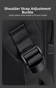 Detail of adjustable shoulder strap buckle on large black business travel backpack