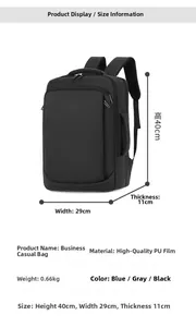 Detailed view of lightweight black PU business backpack with size and weight dimensions