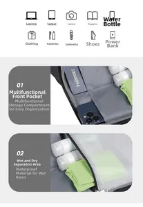 Detail of multi-compartment travel backpack showing waterproof dry-wet separation pocket