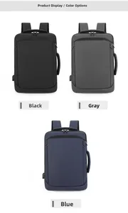 Detail showing versatile black, grey and blue business backpacks with side USB charging ports