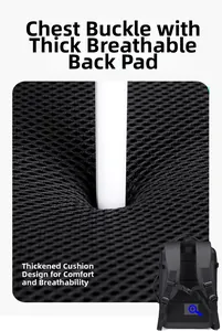 Detail of breathable padded mesh back panel with elastic cushion and chest strap