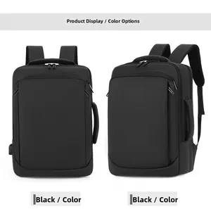Detail view of a black business laptop backpack showing the side handle and USB port