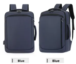 Detailed view of blue business backpack featuring reinforced handles and external USB port