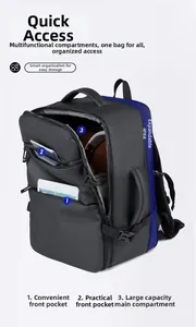 Detail view of the expandable compartment on this black multifunctional business backpack