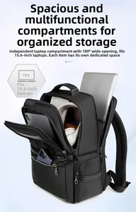 Detail of 15.6 inch laptop compartment with 180 degree opening on black travel backpack