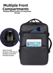 Detail view of multi-compartment business backpack with laptop and tablet storage pockets