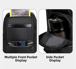 Detail of the multi-pocket storage system featuring a spacious front bag and side water bottle holder