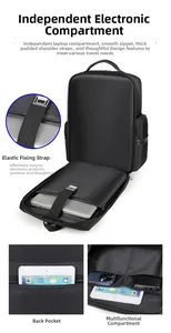 Detail of waterproof nylon laptop backpack with elastic straps and functional compartments