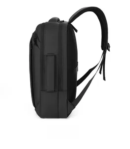 Side view of black business backpack showing breathable mesh padding and side handle