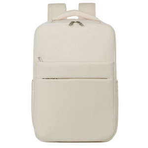 Minimalist beige travel backpack with USB charging port for men and women