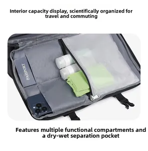Detail view of large capacity interior with wet-dry separation bag and passport pockets