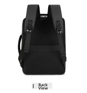 Rear view of business laptop backpack featuring breathable mesh back and luggage strap