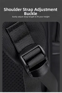 Macro shot of durable adjustable shoulder strap buckle on black commuter backpack