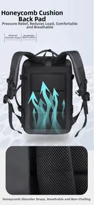 Detail of breathable honeycomb back padding and wide cushioned straps on the backpack