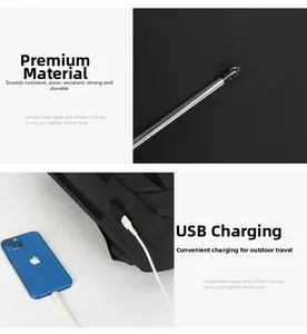 Detail of scratch-resistant fabric and built-in USB charging port on black business backpack