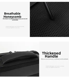 Detail view of breathable honeycomb back system and thick padded handle on black backpack