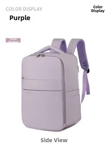 Side view of lavender travel backpack featuring dual zippers and breathable S-straps