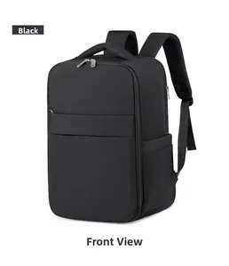 Front view of black water-resistant travel backpack with invisible horizontal zipper pocket