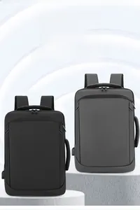 Business laptop backpack detail showing waterproof fabric and USB charging port features