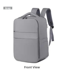 Front view of grey business backpack showing large compartments and mesh straps