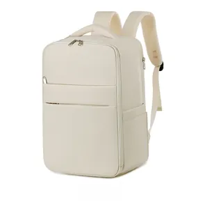 45-degree side view of a cream white travel backpack with padded straps and USB port
