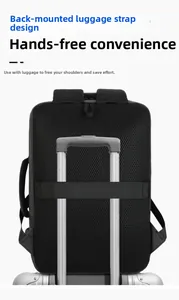 Detail of business backpack featuring a luggage strap for secure suitcase attachment